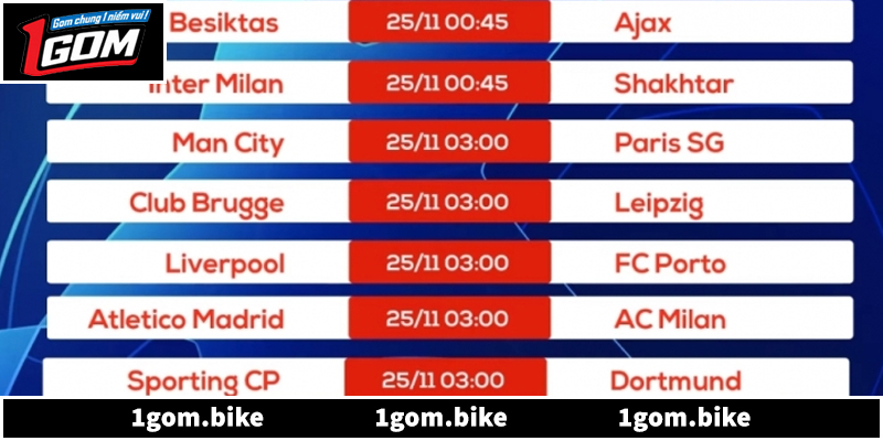 Lịch thi đấu bóng đá hôm nay cập nhật chính xác tại 1Gom.bike